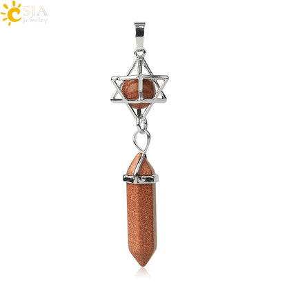 CSJA Reiki Naturstein-Anhänger Merkaba Medaillon Pendel Sechseckiges Kristallprisma Lange Anhänger für Halsketten Damenschmuck G512