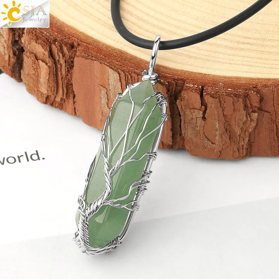 CSJA Kristalle Halskette Stein Natürlichen Kristall Anhänger Sechseckige Silber Farbe Lebensbaum Draht Wrap Frauen Männer Quarz Schmuck G551