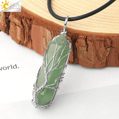 CSJA Kristalle Halskette Stein Natürlichen Kristall Anhänger Sechseckige Silber Farbe Lebensbaum Draht Wrap Frauen Männer Quarz Schmuck G551