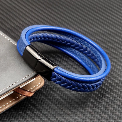 MingAo New Titanium Steel Blue Punk Braided Leather Bracelet For Men Black Magnet Clasp Bangle The Best Gift for Vintage Jewelry