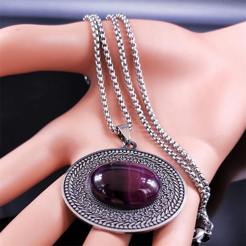 Edelstahl Böhmen Naturstein Vintage Halsketten Frauen Silber Farbe Oval Kette Halskette Schmuck Reiki Healing Geschenk N8150