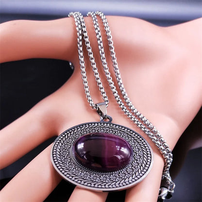 Edelstahl Böhmen Naturstein Vintage Halsketten Frauen Silber Farbe Oval Kette Halskette Schmuck Reiki Healing Geschenk N8150