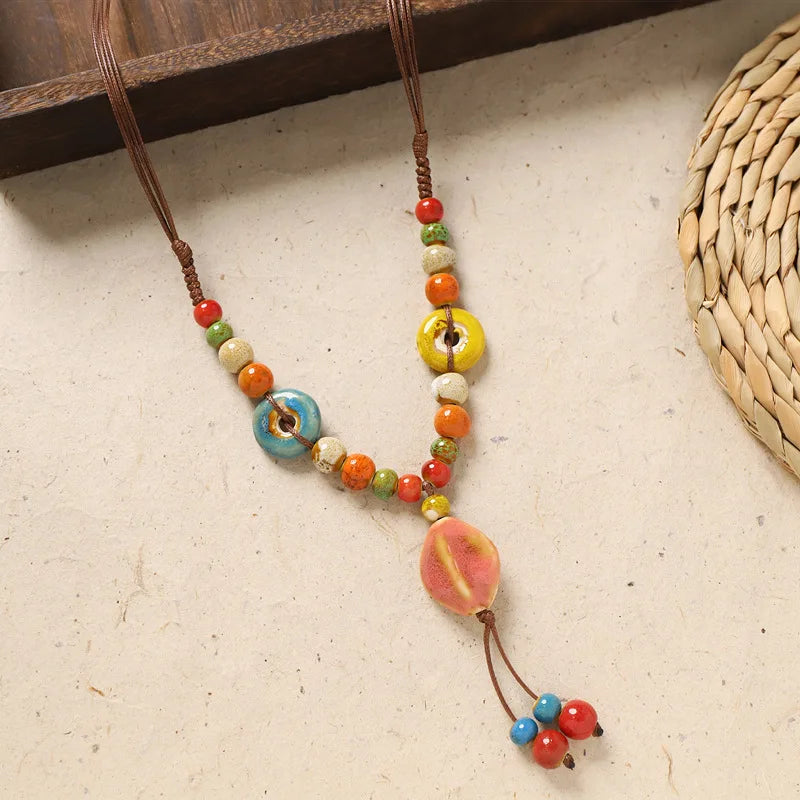 Ceramic Necklace with Colorful Beads Flower-shaped Long Sweater Chain Retro Accessory for Women