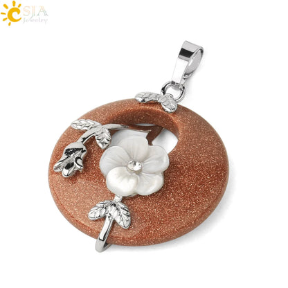 Natursteine Anhänger für Halskette Runde Blume Blatt Amethyste Rosenquarz Schwarzer Onyx Kristall Donut Reiki Schmuck G384
