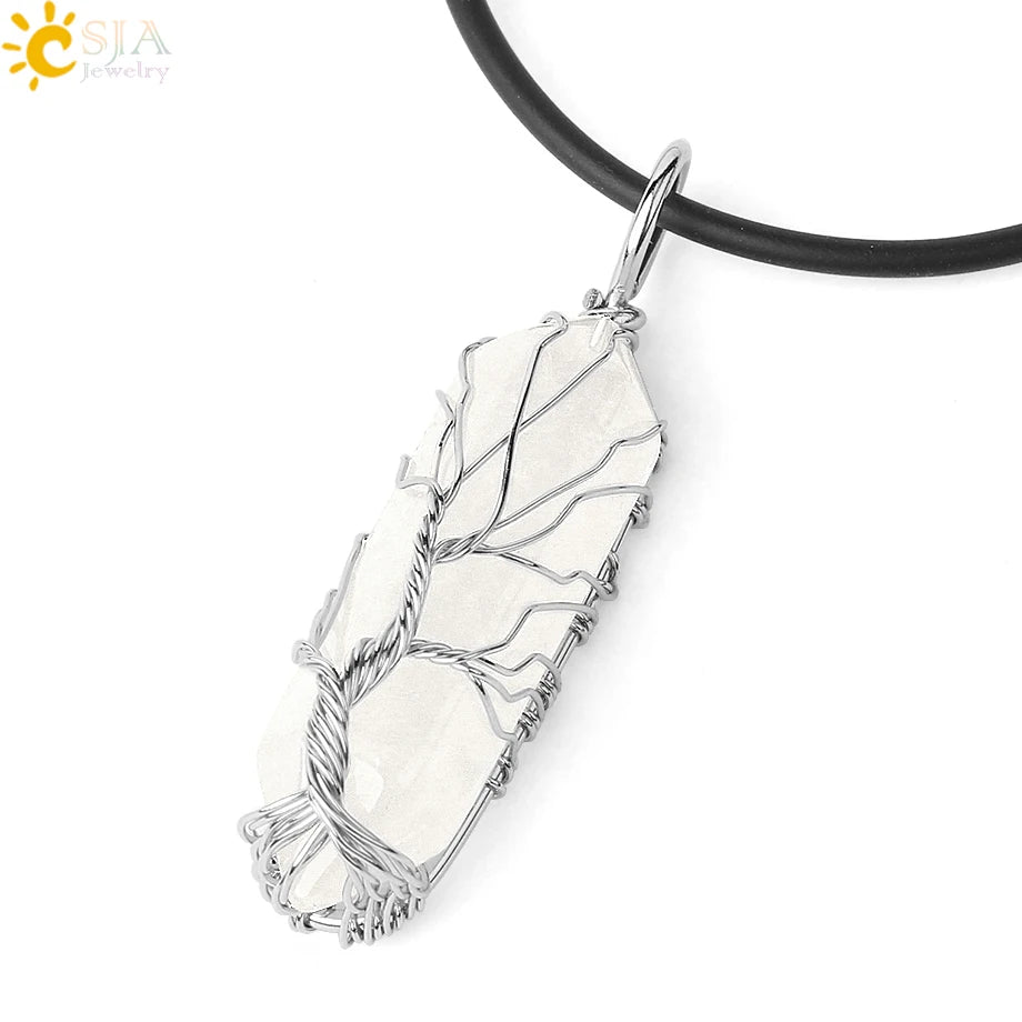CSJA Kristalle Halskette Stein Natürlichen Kristall Anhänger Sechseckige Silber Farbe Lebensbaum Draht Wrap Frauen Männer Quarz Schmuck G551