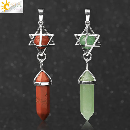 CSJA Reiki Naturstein-Anhänger Merkaba Medaillon Pendel Sechseckiges Kristallprisma Lange Anhänger für Halsketten Damenschmuck G512