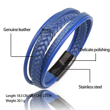 MingAo New Titanium Steel Blue Punk Braided Leather Bracelet For Men Black Magnet Clasp Bangle The Best Gift for Vintage Jewelry