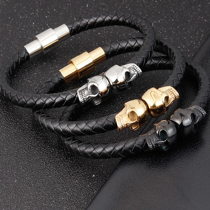 Übertreibung Männer Schmuck Schwarz Geflochtene Leder Armbänder Edelstahl Leder Armbänder Coole Schädel Armbänder Männer Armband