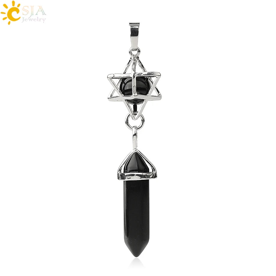 CSJA Reiki Naturstein-Anhänger Merkaba Medaillon Pendel Sechseckiges Kristallprisma Lange Anhänger für Halsketten Damenschmuck G512