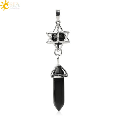 CSJA Reiki Naturstein-Anhänger Merkaba Medaillon Pendel Sechseckiges Kristallprisma Lange Anhänger für Halsketten Damenschmuck G512