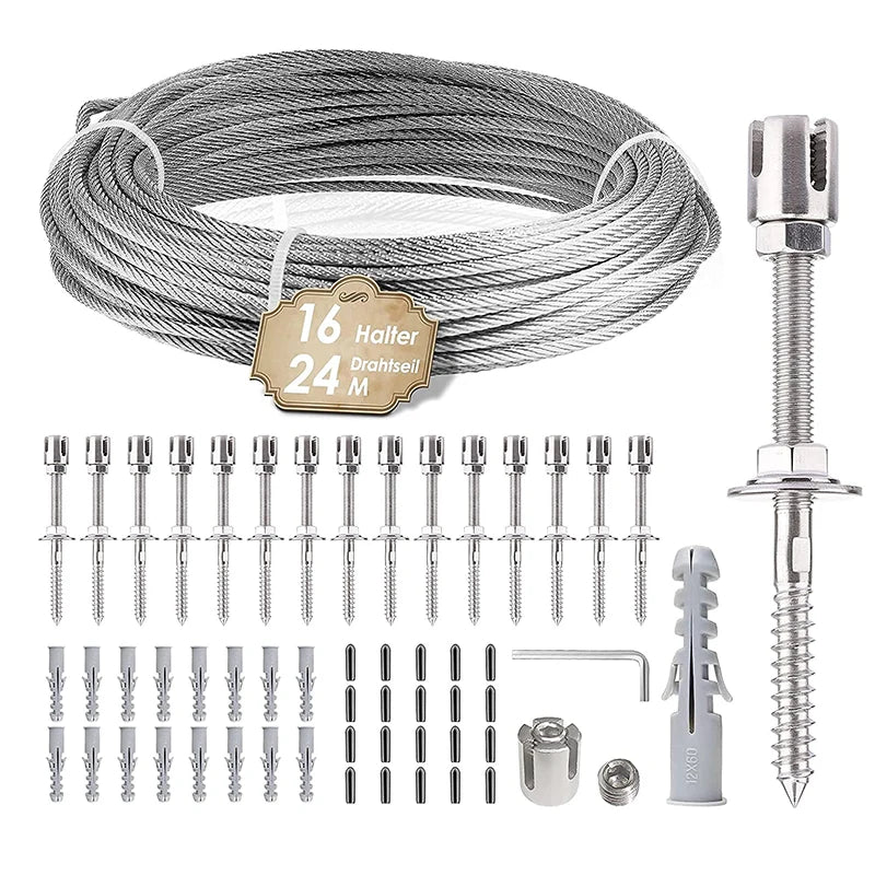 Edelstahl-Draht-Kabelspaliersystem-Set für Kletterpflanzen, Ranken und grüne Wand mit Halterungen, 16 Halter, 24 m Seil