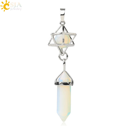 CSJA Reiki Naturstein-Anhänger Merkaba Medaillon Pendel Sechseckiges Kristallprisma Lange Anhänger für Halsketten Damenschmuck G512