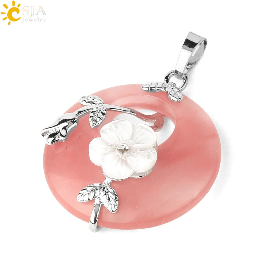 Natursteine Anhänger für Halskette Runde Blume Blatt Amethyste Rosenquarz Schwarzer Onyx Kristall Donut Reiki Schmuck G384
