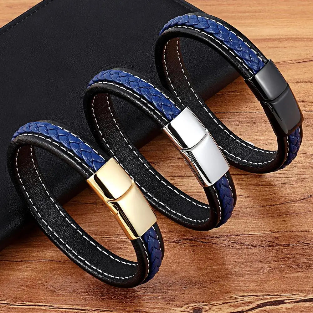 TYO Stainless Steel Leather Bangles Magnetic Clasp Braided Trendy Men Bracelet Wristband Charm Male Wrist Band Gifts Wholesale