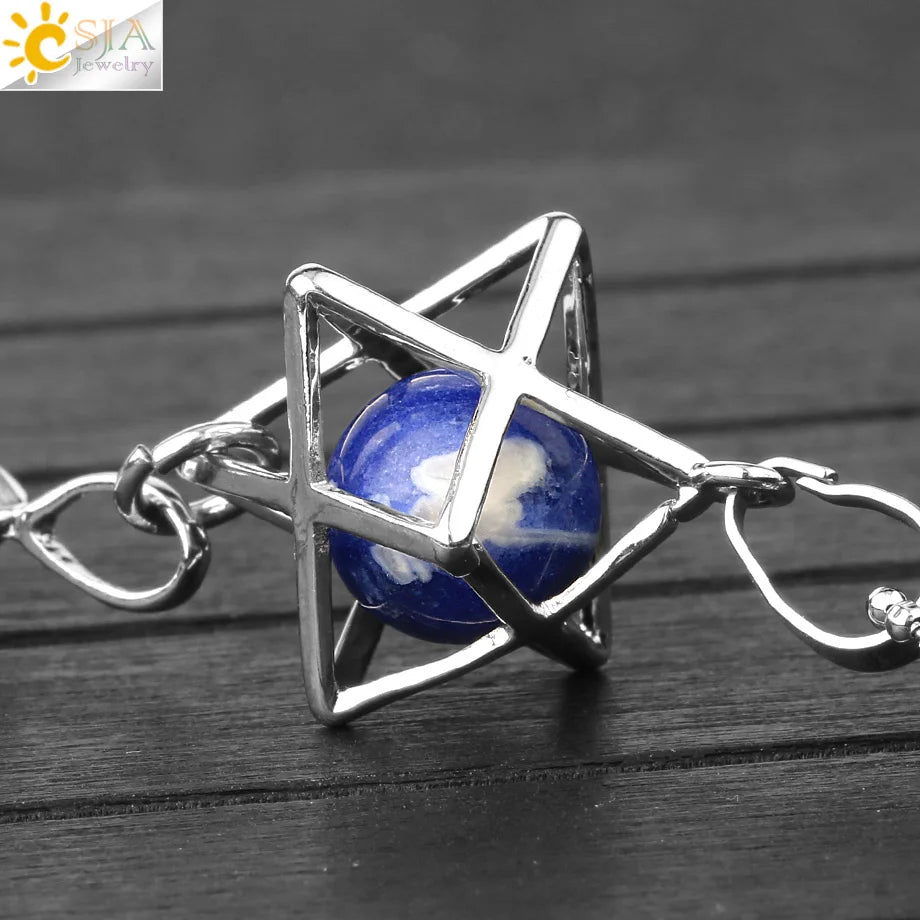 CSJA Reiki Naturstein-Anhänger Merkaba Medaillon Pendel Sechseckiges Kristallprisma Lange Anhänger für Halsketten Damenschmuck G512