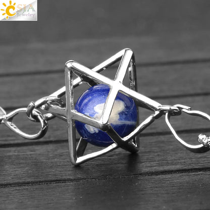 CSJA Reiki Naturstein-Anhänger Merkaba Medaillon Pendel Sechseckiges Kristallprisma Lange Anhänger für Halsketten Damenschmuck G512