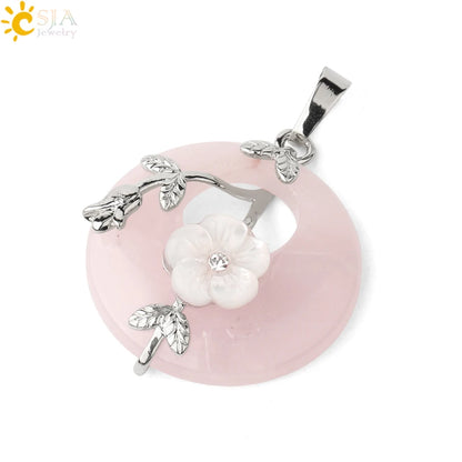 Natursteine Anhänger für Halskette Runde Blume Blatt Amethyste Rosenquarz Schwarzer Onyx Kristall Donut Reiki Schmuck G384