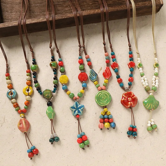 Ceramic Necklace with Colorful Beads Flower-shaped Long Sweater Chain Retro Accessory for Women