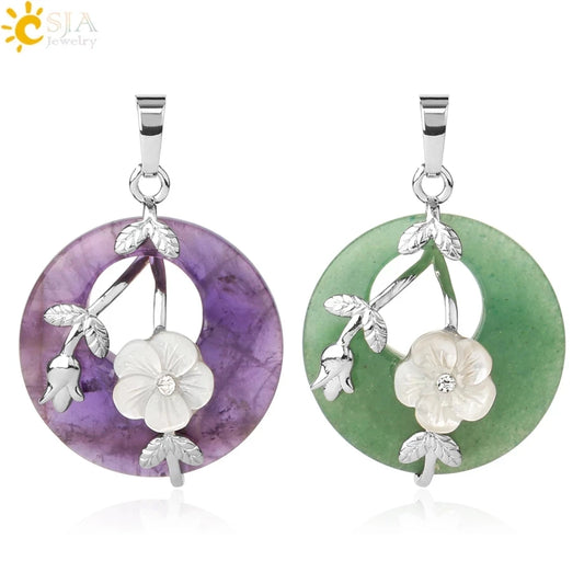 Natursteine Anhänger für Halskette Runde Blume Blatt Amethyste Rosenquarz Schwarzer Onyx Kristall Donut Reiki Schmuck G384