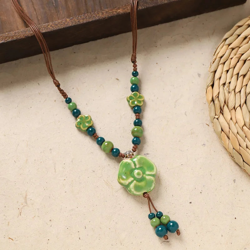 Ceramic Necklace with Colorful Beads Flower-shaped Long Sweater Chain Retro Accessory for Women