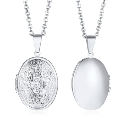 Zarte florale ovale Herz-Medaillon-Anhänger-Halsketten für Frauen, Edelstahl-Fotorahmen, Versprechen, Liebe, Andenken, Geschenk
