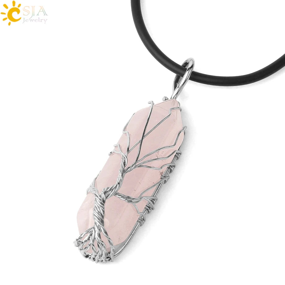 CSJA Kristalle Halskette Stein Natürlichen Kristall Anhänger Sechseckige Silber Farbe Lebensbaum Draht Wrap Frauen Männer Quarz Schmuck G551