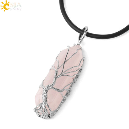 CSJA Kristalle Halskette Stein Natürlichen Kristall Anhänger Sechseckige Silber Farbe Lebensbaum Draht Wrap Frauen Männer Quarz Schmuck G551