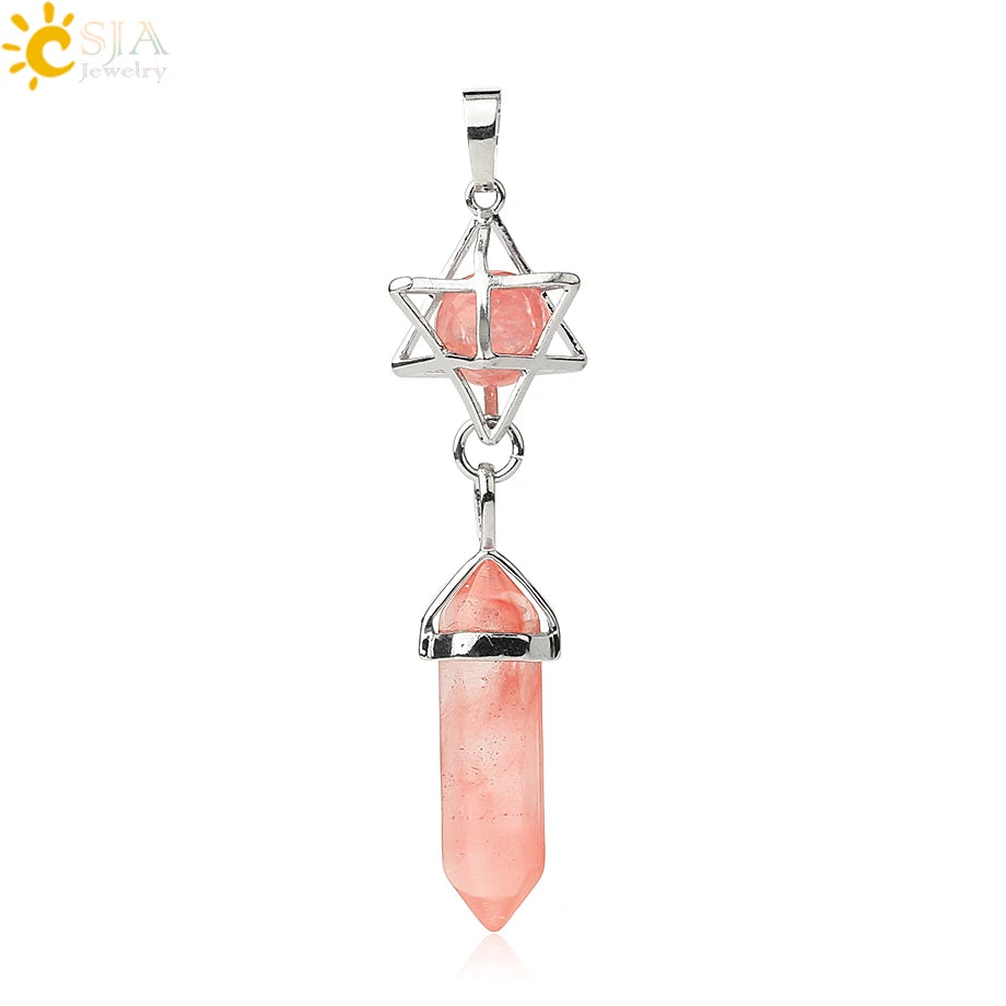 CSJA Reiki Naturstein-Anhänger Merkaba Medaillon Pendel Sechseckiges Kristallprisma Lange Anhänger für Halsketten Damenschmuck G512