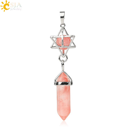 CSJA Reiki Naturstein-Anhänger Merkaba Medaillon Pendel Sechseckiges Kristallprisma Lange Anhänger für Halsketten Damenschmuck G512