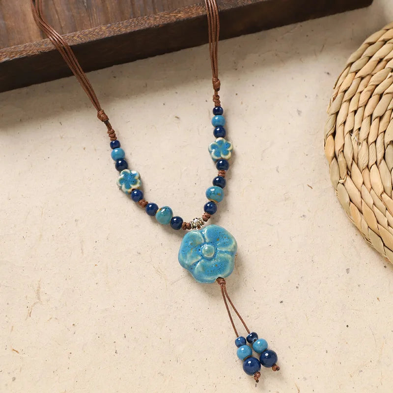 Ceramic Necklace with Colorful Beads Flower-shaped Long Sweater Chain Retro Accessory for Women