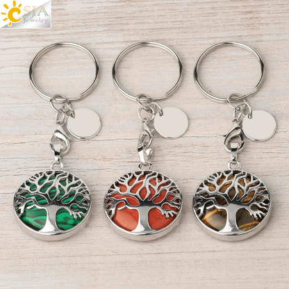 CSJA Luxus Natürlichen Kristall Stein Original Keychain Baum des Lebens Keychain Glücklich Key Ring Auto Decor Weihnachten Frauen Männer G498