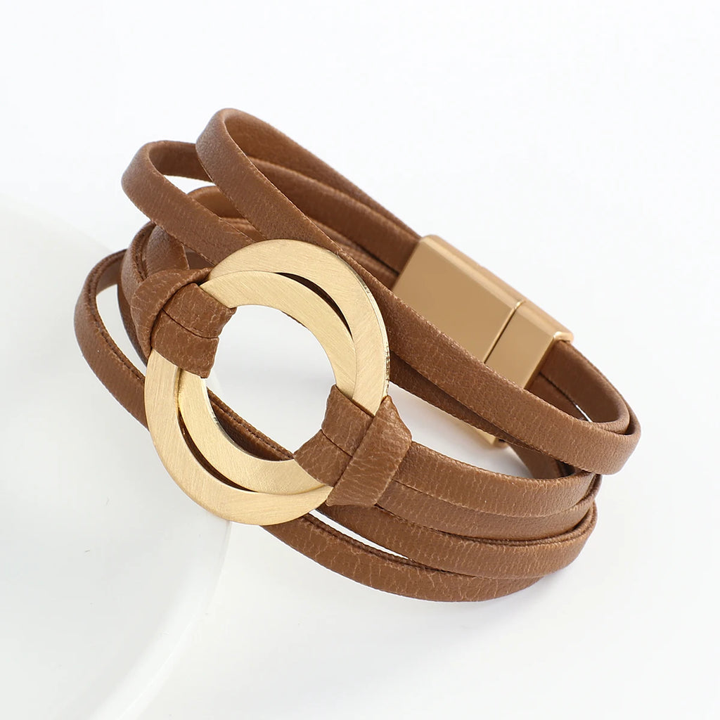 ALLYES Boho Echtes Leder Armbänder für Frauen Männer Mode Runde Hohl Kreise Charm Wrap Armband Armreif Weiblichen Schmuck Geschenke