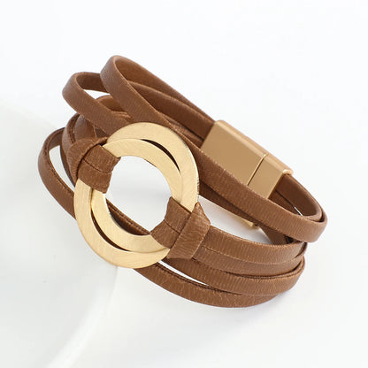 ALLYES Boho Genuine Leather Bracelets for Women Men Fashion Round Hollow Circles Charm Wrap Bracelet Bangle Female Jewelry Gifts