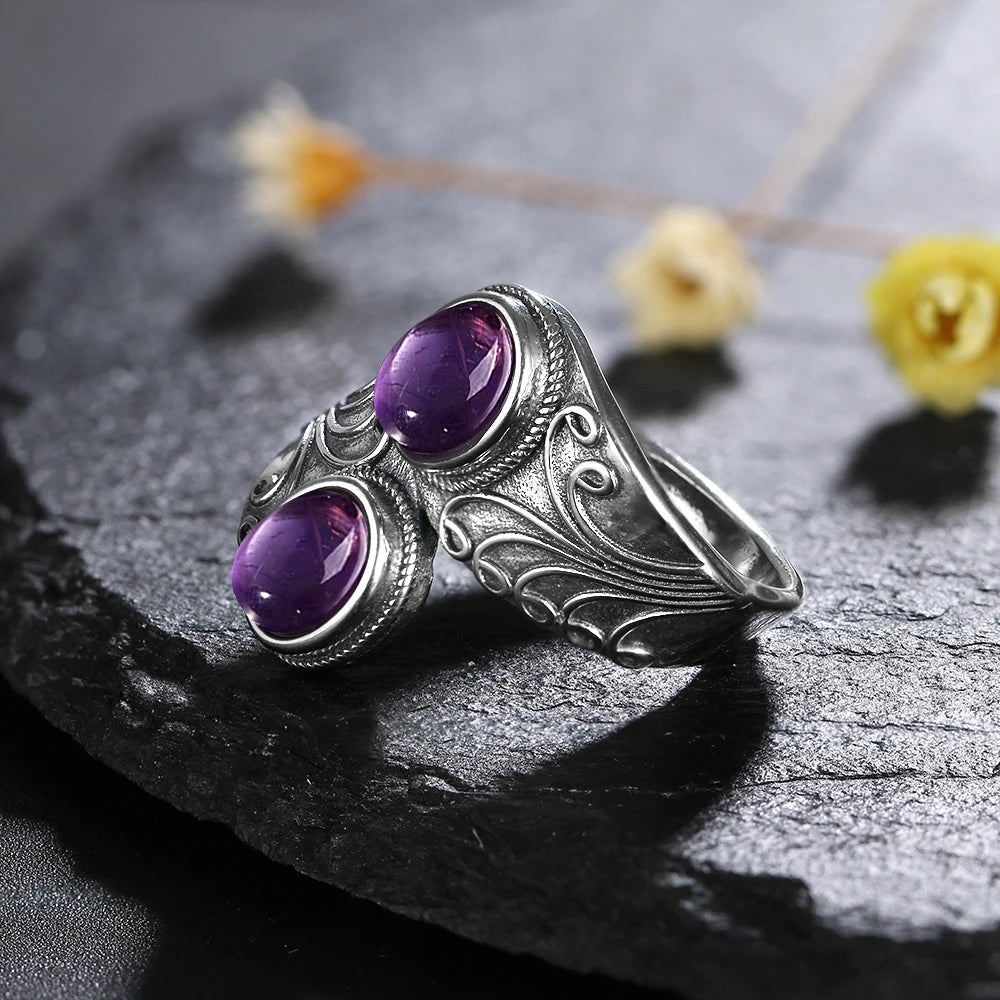 Punk-Hiphop-Ring aus 925er-Sterlingsilber, neues Design, mit zwei Amethysts, für Männer und Frauen, Schmuck, Party, Geburtstag, Geschenk