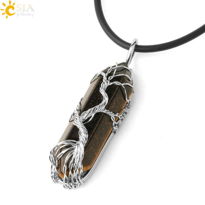 CSJA Kristalle Halskette Stein Natürlichen Kristall Anhänger Sechseckige Silber Farbe Lebensbaum Draht Wrap Frauen Männer Quarz Schmuck G551