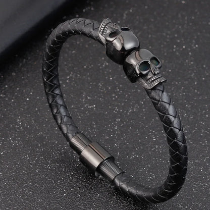 Übertreibung Männer Schmuck Schwarz Geflochtene Leder Armbänder Edelstahl Leder Armbänder Coole Schädel Armbänder Männer Armband