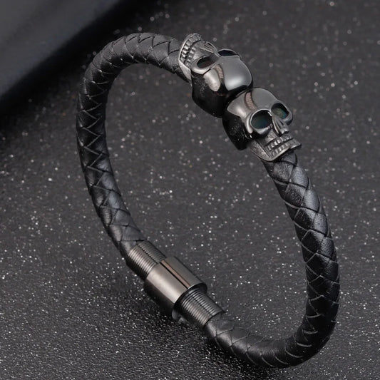 Übertreibung Männer Schmuck Schwarz Geflochtene Leder Armbänder Edelstahl Leder Armbänder Coole Schädel Armbänder Männer Armband
