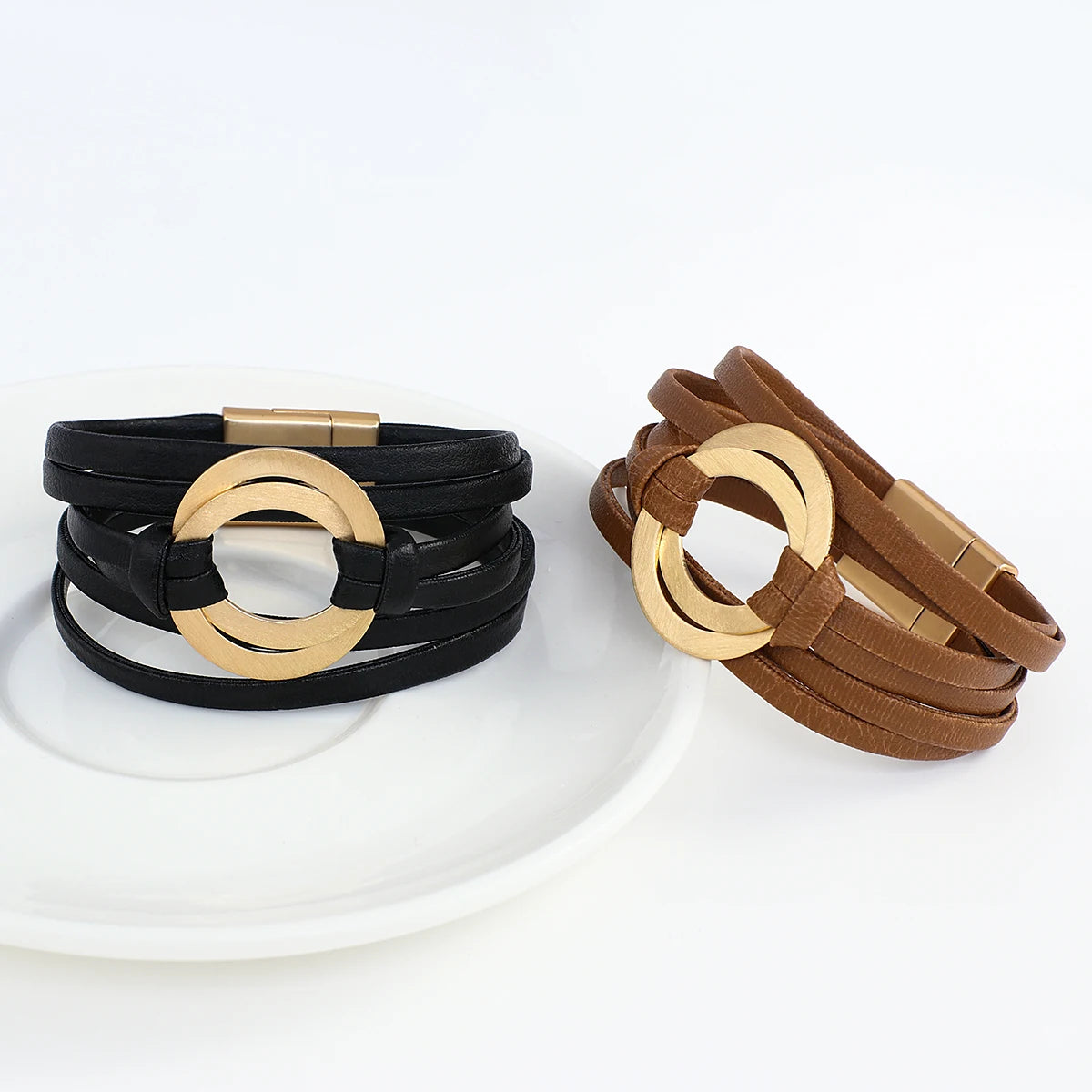 ALLYES Boho Genuine Leather Bracelets for Women Men Fashion Round Hollow Circles Charm Wrap Bracelet Bangle Female Jewelry Gifts