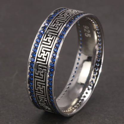Türkische Ringe aus echtem Sterlingsilber 925, für Männer und Frauen mit blauem, rundem Zirkon, Retro-Punk-Ringe, modischer Silberschmuck