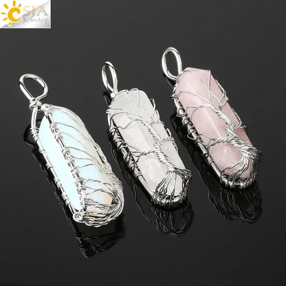 CSJA Kristalle Halskette Stein Natürlichen Kristall Anhänger Sechseckige Silber Farbe Lebensbaum Draht Wrap Frauen Männer Quarz Schmuck G551
