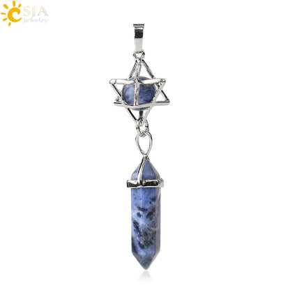 CSJA Reiki Naturstein-Anhänger Merkaba Medaillon Pendel Sechseckiges Kristallprisma Lange Anhänger für Halsketten Damenschmuck G512