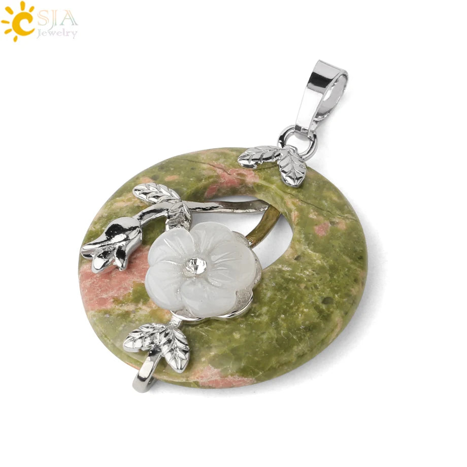 Natursteine Anhänger für Halskette Runde Blume Blatt Amethyste Rosenquarz Schwarzer Onyx Kristall Donut Reiki Schmuck G384
