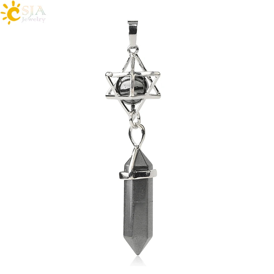 CSJA Reiki Naturstein-Anhänger Merkaba Medaillon Pendel Sechseckiges Kristallprisma Lange Anhänger für Halsketten Damenschmuck G512