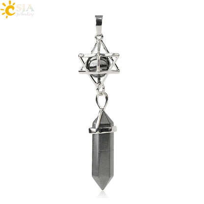 CSJA Reiki Naturstein-Anhänger Merkaba Medaillon Pendel Sechseckiges Kristallprisma Lange Anhänger für Halsketten Damenschmuck G512