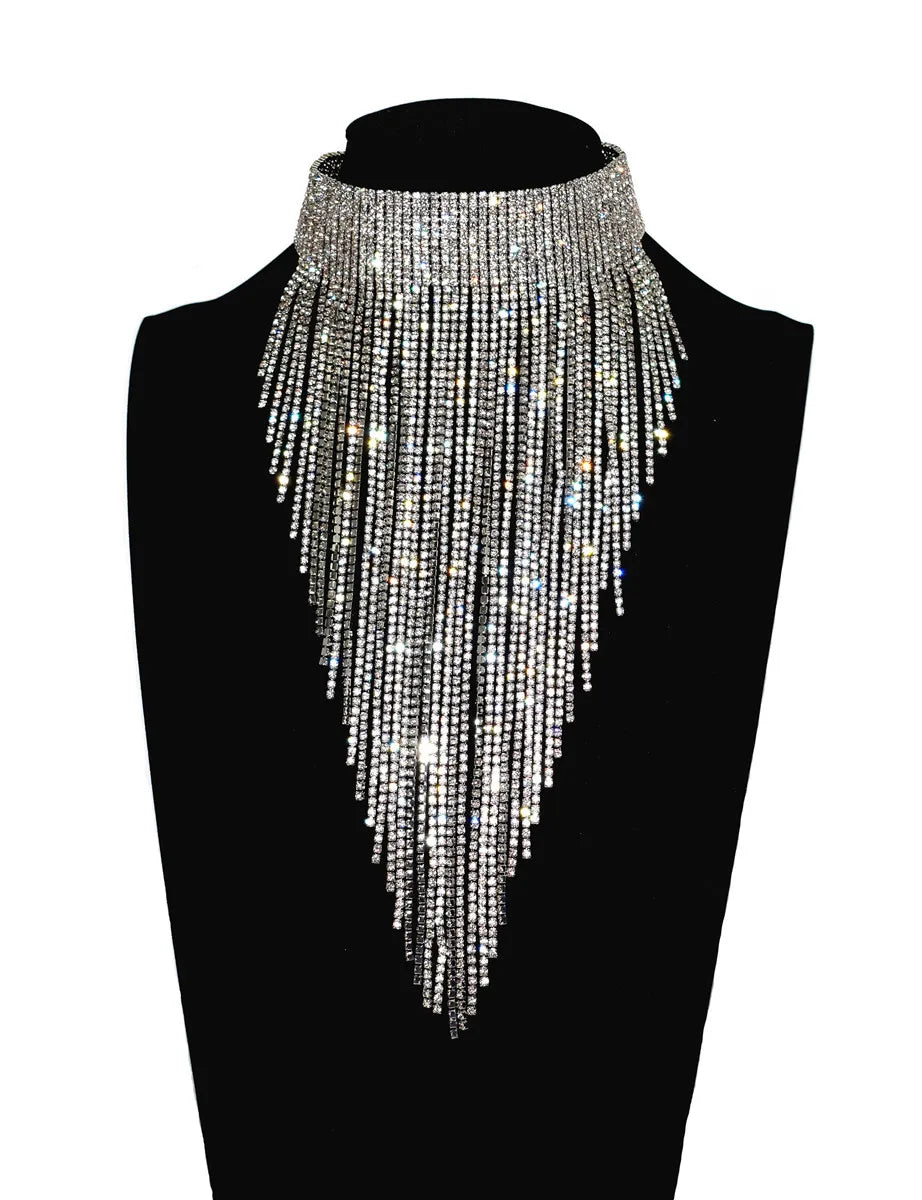 Mode glänzende Strass lange Kette Choker Kragen Statement Halskette für Frauen Modeschmuck Accessoires
