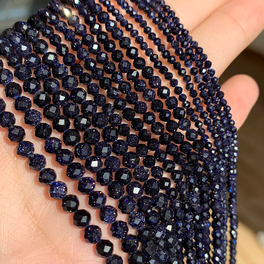 Natürlicher blauer Sandstond 2/3/4 mm facettierte lose Mineralperlen für Schmuckherstellung DIY Weihnachtsgeschenk Armbänder 15'' winziger Stein
