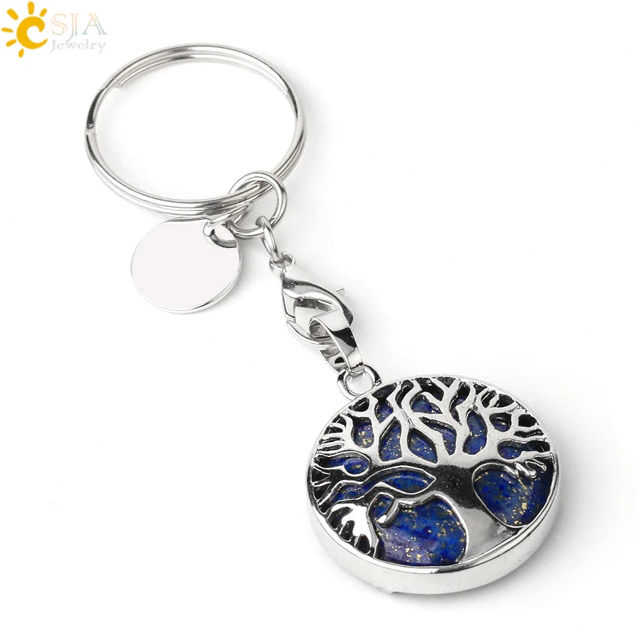 CSJA Luxus Natürlichen Kristall Stein Original Keychain Baum des Lebens Keychain Glücklich Key Ring Auto Decor Weihnachten Frauen Männer G498