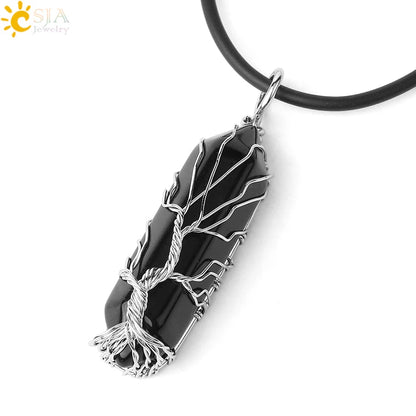 CSJA Kristalle Halskette Stein Natürlichen Kristall Anhänger Sechseckige Silber Farbe Lebensbaum Draht Wrap Frauen Männer Quarz Schmuck G551