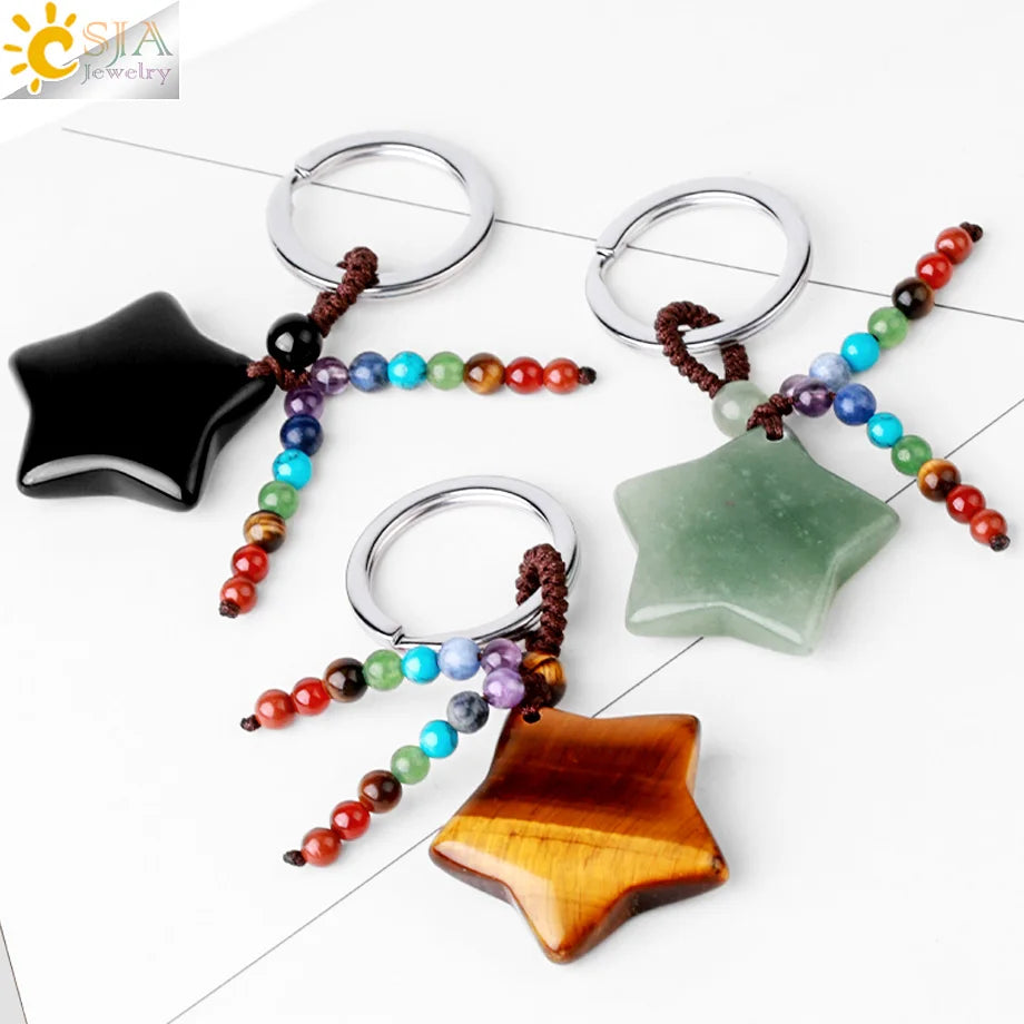 Naturstein 7 Chakra Schlüssel bund Heilung Mond Türkis Stern Rose Quarz Kristall Anhänger Aventurin Schlüssel ring Auto Schlüssel tasche g850