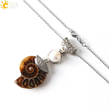 CSJA Natürliche Ammonit Anhänger Halbe Cut Snail Shell Tier Halskette Conch Reliquiae Lila Kristall Frauen Männer Schmuck E256